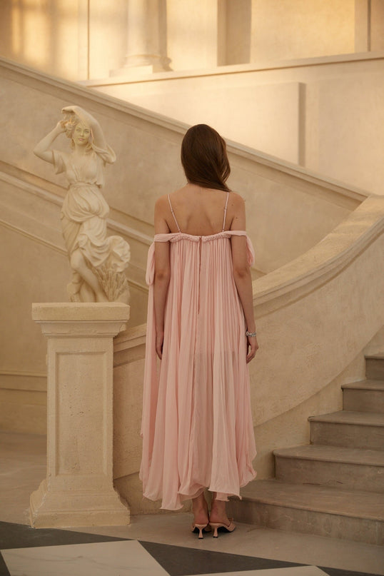 Callie Maxi Dress in Pink with boned bodice, floral lace, and sequin detailing for sophisticated soirées