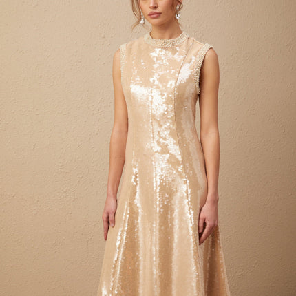 Callie Sequin Embellishment Midi Dress in Neutrals