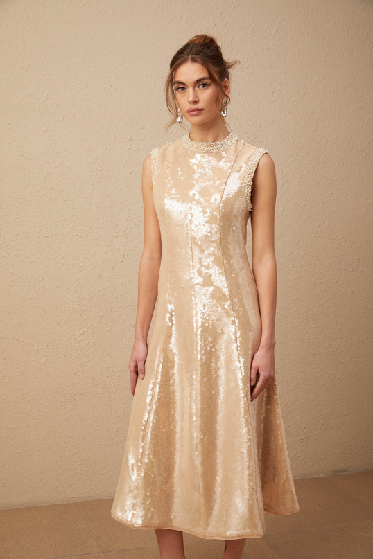 Callie Sequin Embellishment Midi Dress in Neutrals