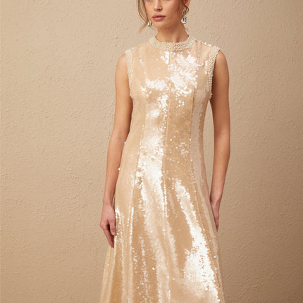Callie Sequin Embellishment Midi Dress in Neutrals