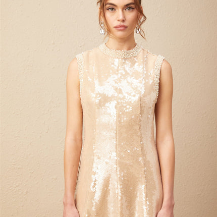 Callie Sequin Embellishment Midi Dress in Neutrals