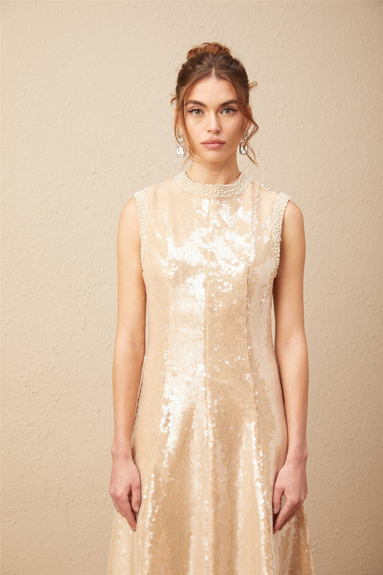 Callie Sequin Embellishment Midi Dress in Neutrals