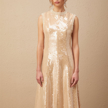 Callie Sequin Embellishment Midi Dress in Neutrals
