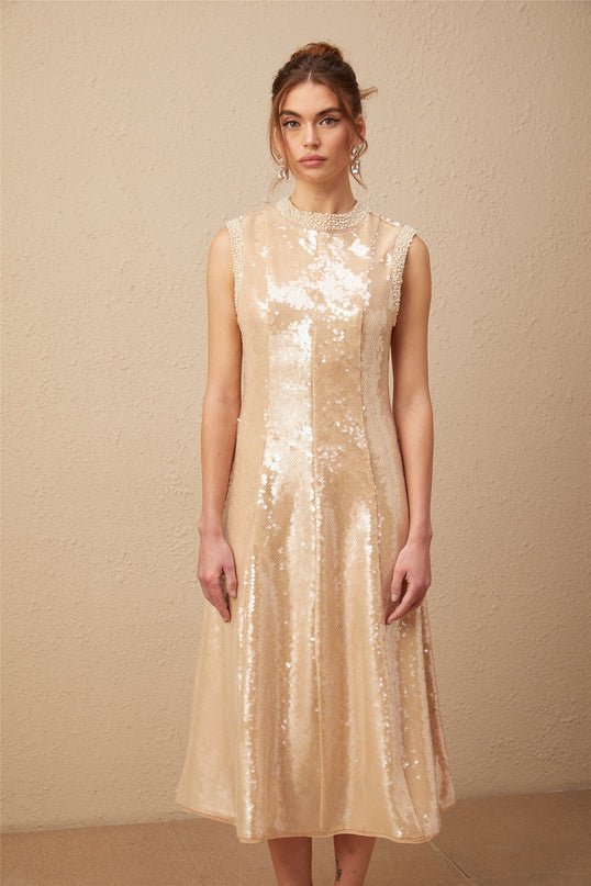 Callie Sequin Embellishment Midi Dress in Neutrals
