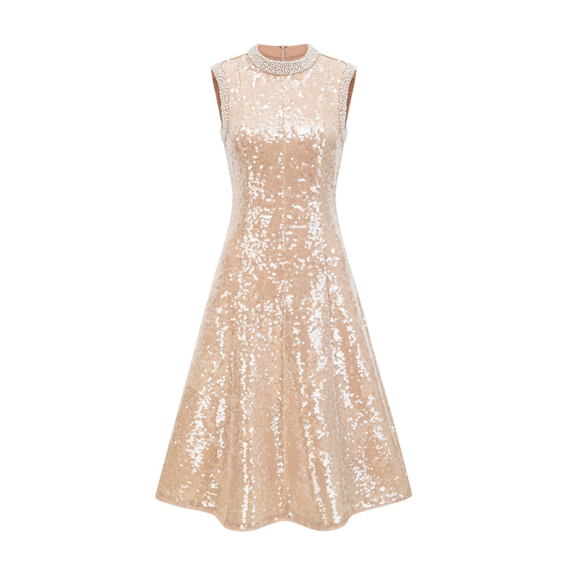 Callie Sequin Embellishment Midi Dress in Neutrals