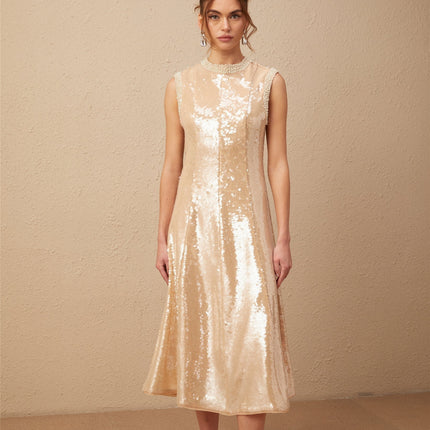 Callie Sequin Embellishment Midi Dress in Neutrals