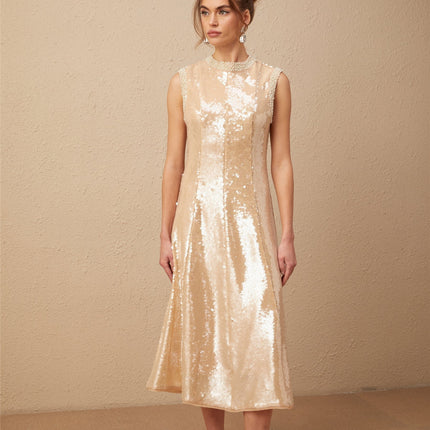 Callie Sequin Embellishment Midi Dress in Neutrals