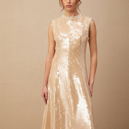 Callie Sequin Embellishment Midi Dress in Neutrals