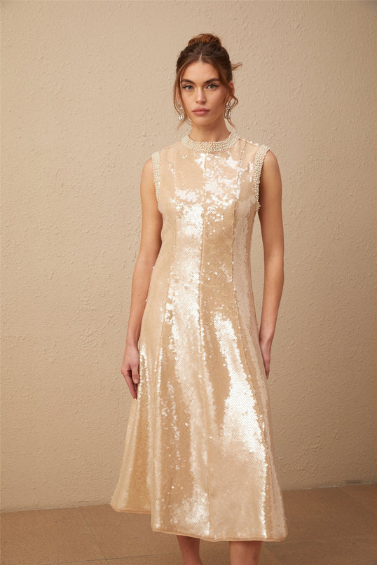 Callie Sequin Embellishment Midi Dress in Neutrals