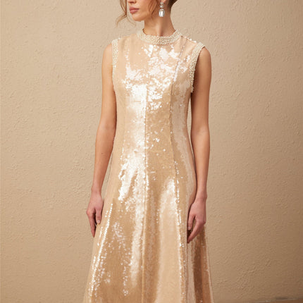 Callie Sequin Embellishment Midi Dress in Neutrals