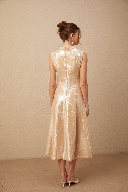 Callie Sequin Embellishment Midi Dress in Neutrals