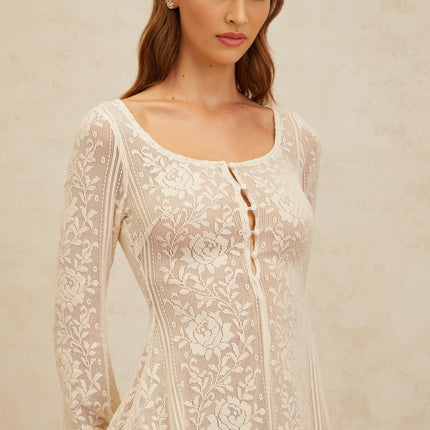 Callie White Crochet Knit Floral Jacquard Mini Dress