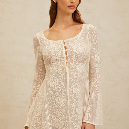 Callie White Crochet Knit Floral Jacquard Mini Dress