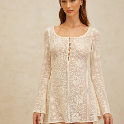 Callie White Crochet Knit Floral Jacquard Mini Dress
