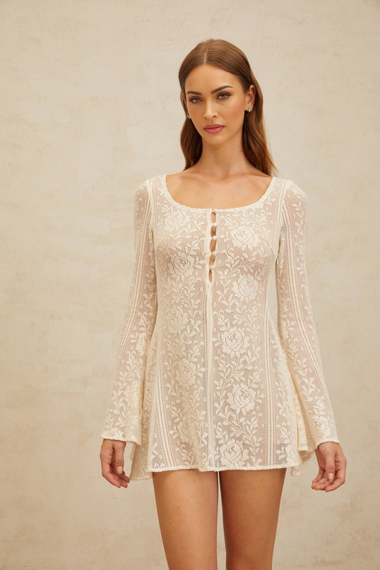 Callie White Crochet Knit Floral Jacquard Mini Dress