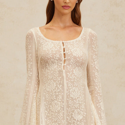 Callie White Crochet Knit Floral Jacquard Mini Dress