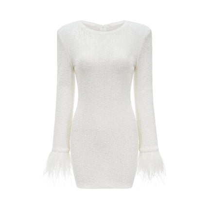 Callie White Sequin Embellished Feather Cuff Dress with Long Sleeves and Round Neck