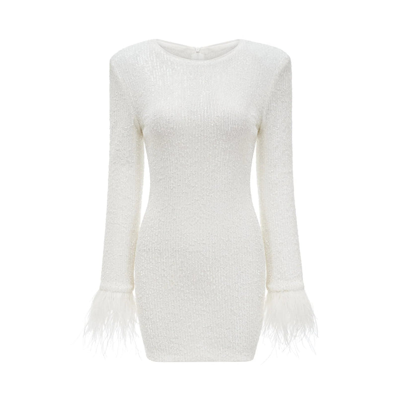 Callie White Sequin Embellished Feather Cuff Dress with Long Sleeves and Round Neck