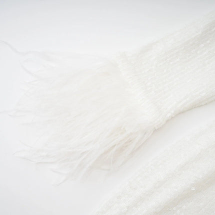 Callie White Sequin Embellished Feather Cuff Dress with Rear Zip Fastening Long Sleeves Round Neck Thigh Length