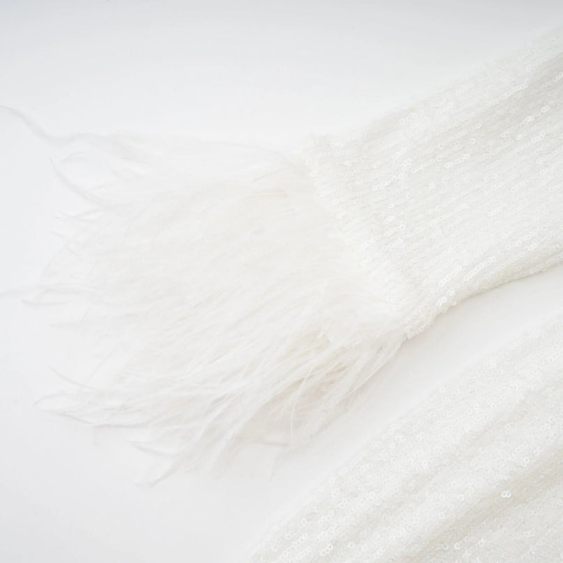 Callie White Sequin Embellished Feather Cuff Dress with Rear Zip Fastening Long Sleeves Round Neck Thigh Length