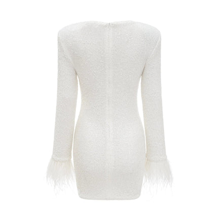 Callie White Sequin Embellished Feather Cuff Dress with Rear Zip Fastening