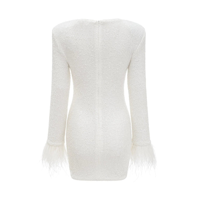 Callie White Sequin Embellished Feather Cuff Dress with Rear Zip Fastening