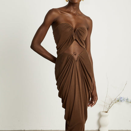 Camila Brown Skirt Top Set 80 Cotton 20 Nylon Ruched Off Shoulder Maxi Length Elegant Sophisticated Glamour
