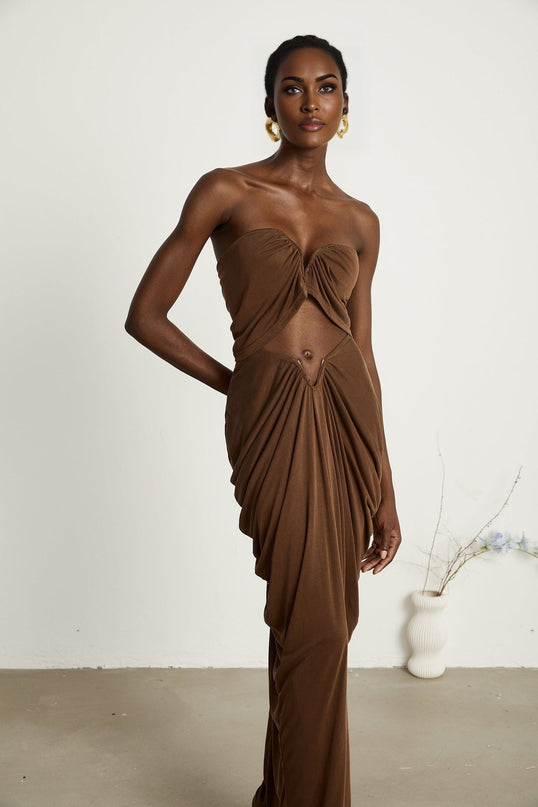 Camila Brown Skirt Top Set 80 Cotton 20 Nylon Ruched Off Shoulder Maxi Length Elegant Sophisticated Glamour