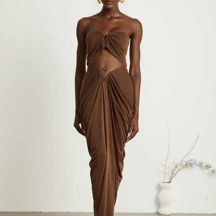 Camila Brown Skirt Top Set Elegant Ruched Detailing Off Shoulder Design Maxi Length Luxurious Cotton Nylon Blend Timeless Style Craftsmanship Day Night Glamour