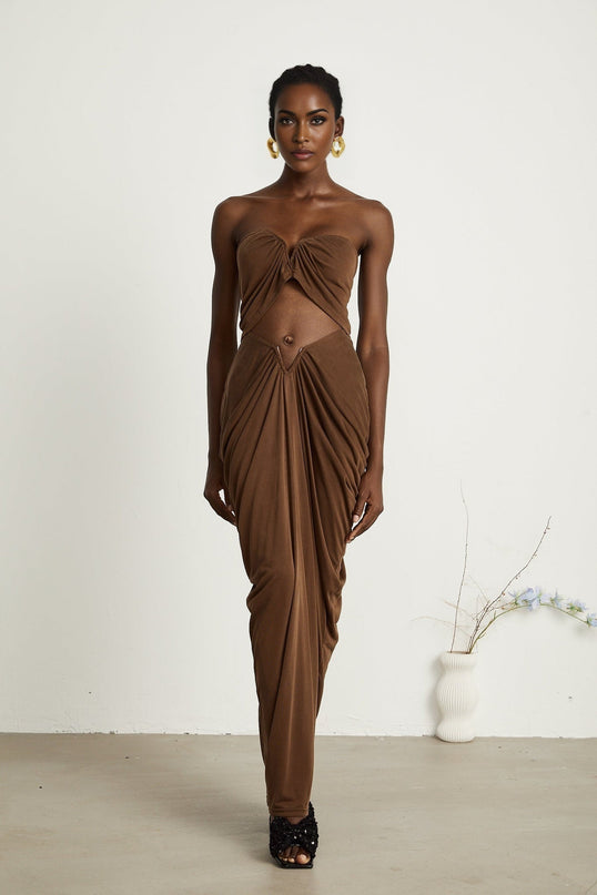 Camila Brown Skirt Top Set Elegant Ruched Detailing Off Shoulder Design Maxi Length Luxurious Cotton Nylon Blend Timeless Style Craftsmanship Day Night Glamour