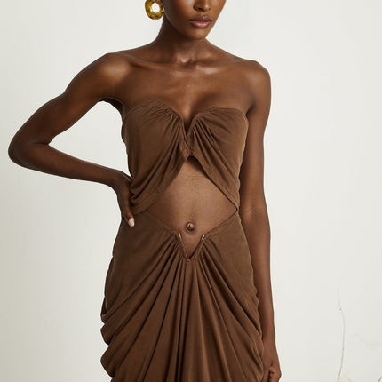 Camila Brown Skirt Top Set 80 Cotton 20 Nylon Ruched Off Shoulder Maxi Length Elegant Sophisticated Glamorous