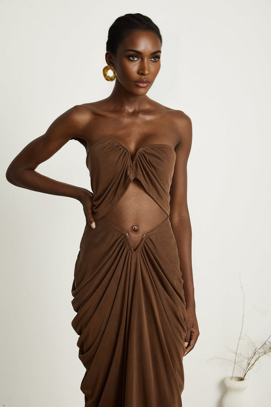 Camila Brown Skirt Top Set 80 Cotton 20 Nylon Ruched Off Shoulder Maxi Length Elegant Sophisticated Glamorous