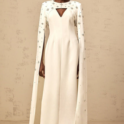 Camila White Gown with Cut-Out Detailing and Crystal Embellishments