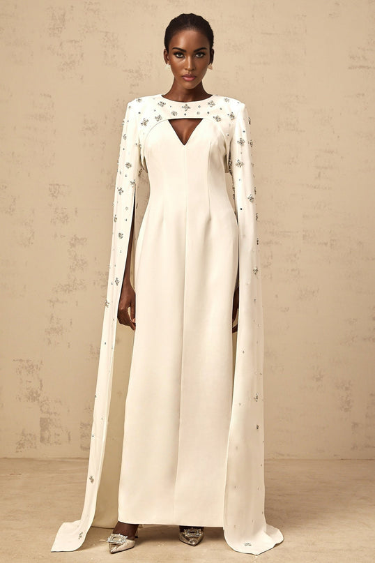 Camila White Gown with Cut-Out Detailing and Crystal Embellishments