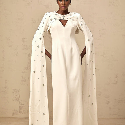 Camila White Gown with Cut-Out Detailing and Crystal Embellishments