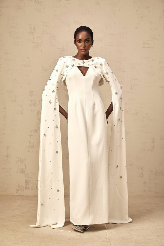 Camila White Gown with Cut-Out Detailing and Crystal Embellishments