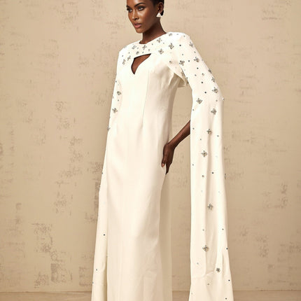 Camila White Gown with Cut-Out Detailing and Crystal Embellishments
