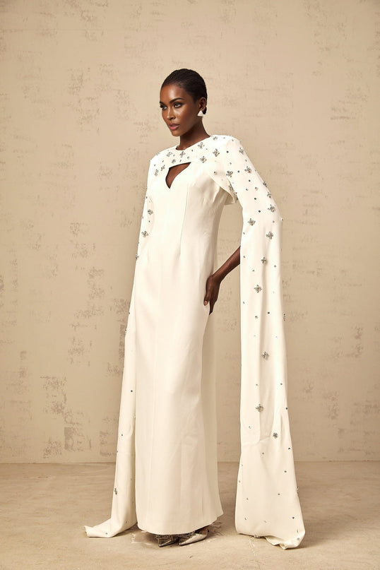 Camila White Gown with Cut-Out Detailing and Crystal Embellishments