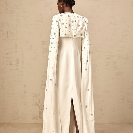 Camila White Gown with Cut-Out Detailing and Crystal Embellishments