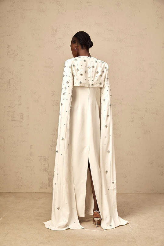 Camila White Gown with Cut-Out Detailing and Crystal Embellishments