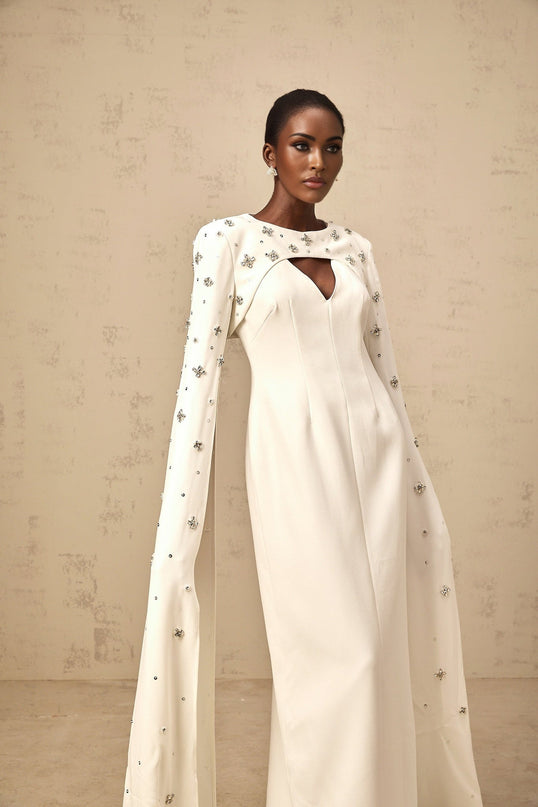 Camila White Gown with Cut-Out Detailing and Crystal Embellishments