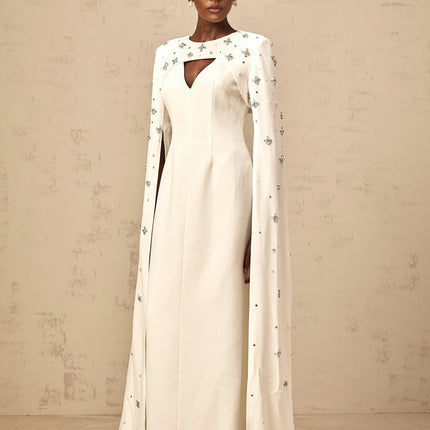 Camila White Gown with Cut-Out Detailing and Crystal Embellishments