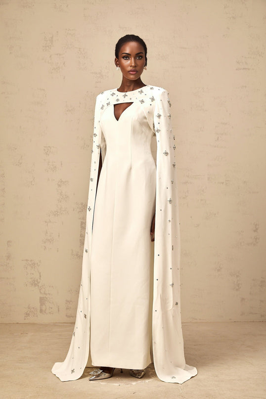 Camila White Gown with Cut-Out Detailing and Crystal Embellishments