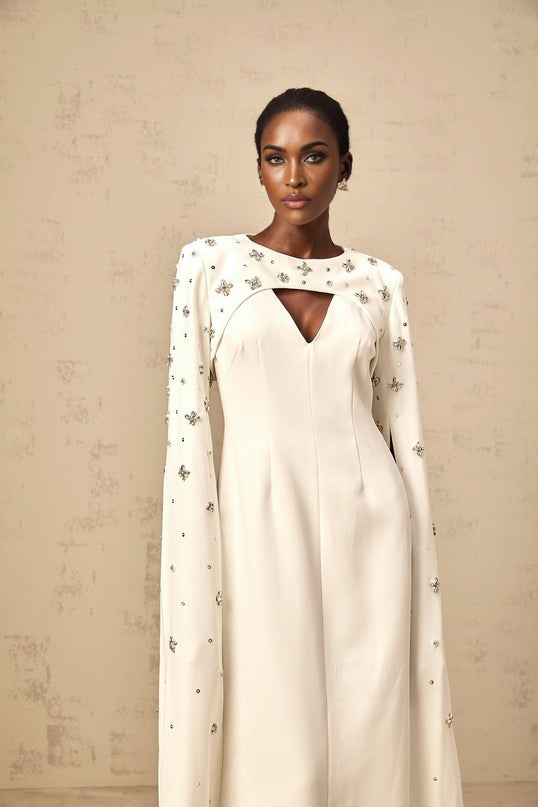 Camila White Gown with Cut-Out Detailing and Crystal Embellishments