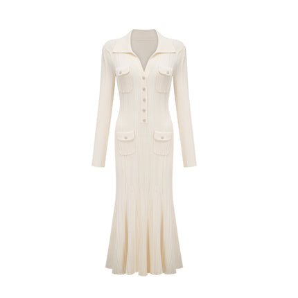 Camila White Ribbed Knit Mermaid Hem Midi Dress with Lapels and Patch Pockets