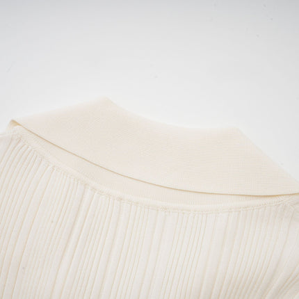 Camila White Ribbed Knit Mermaid Hem Midi Dress Long Sleeve Lapels Flap Patch Pockets Press-Stud Fastening Calf-Length Stretch Polyamide Terylene Acrylic Modal