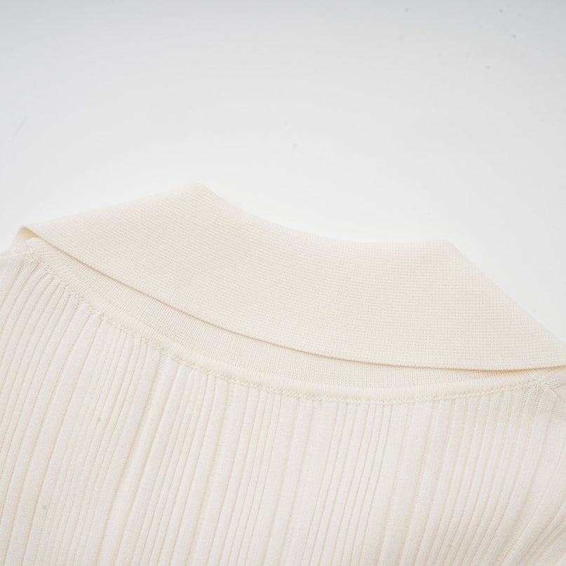 Camila White Ribbed Knit Mermaid Hem Midi Dress Long Sleeve Lapels Flap Patch Pockets Press-Stud Fastening Calf-Length Stretch Polyamide Terylene Acrylic Modal