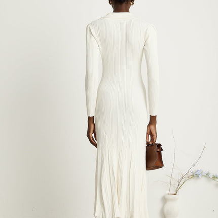 Camila White Ribbed Knit Mermaid Hem Lapel Midi Dress with Pockets