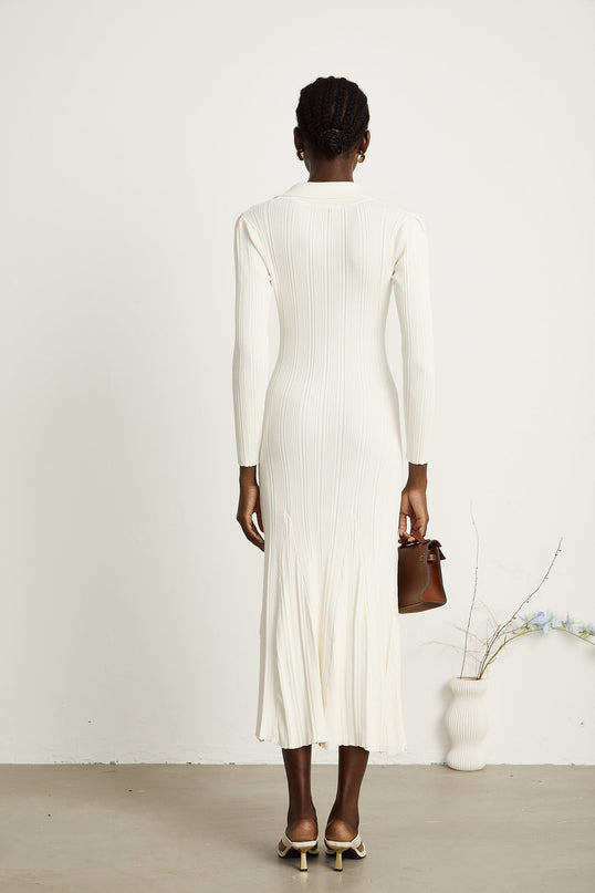 Camila White Ribbed Knit Mermaid Hem Lapel Midi Dress with Pockets