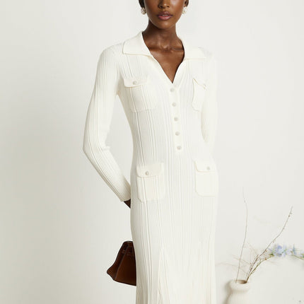 Camila White Ribbed Knit Mermaid Hem Midi Dress with Lapels and Pockets